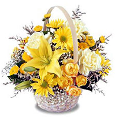 Kulplu sepet/ içerisine hazırlanmış sarı papatya ve mevsim çiçeklerinden aranjman            